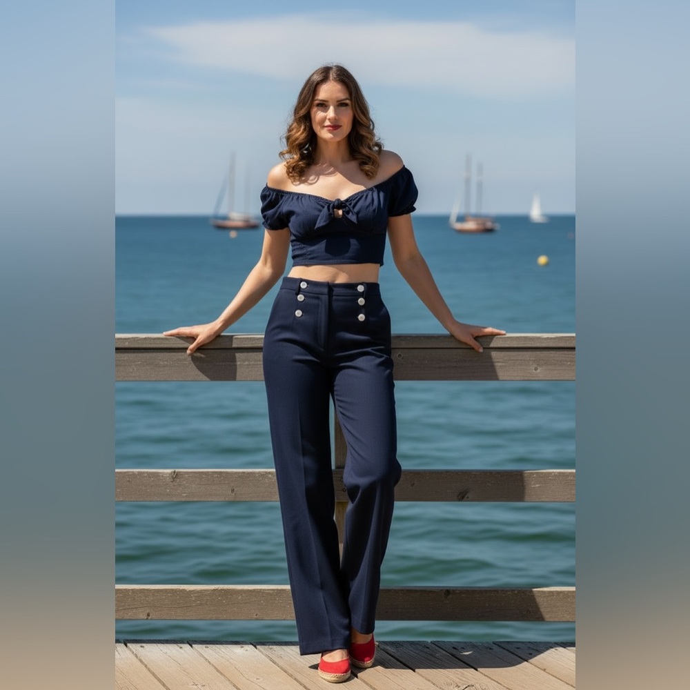 Unique Vintage Smocked Crop Top, Dark Navy, Size Large, NWT ⚓️ - Picture 2 of 12